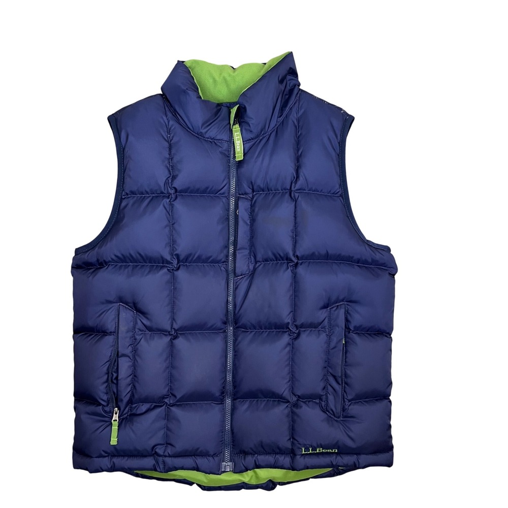 LL Bean Kids Navy Blue Lime Green Goose Down Puffer Vest M 10-12 Classic